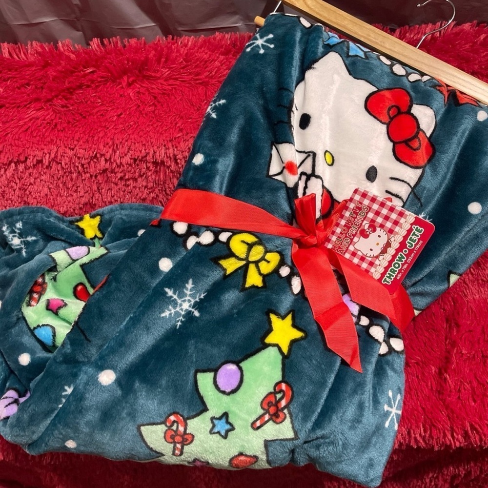 Hello Kitty Blue Christmas Tree Bows Throw Blanket
